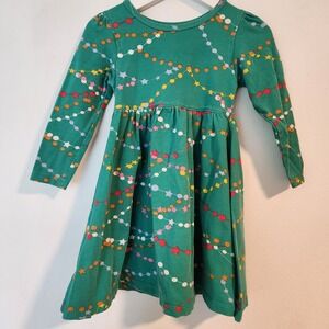 Pink Chicken Girls 2YGreen Holiday Garland Star Organic Cotton Long Sleeve Dress